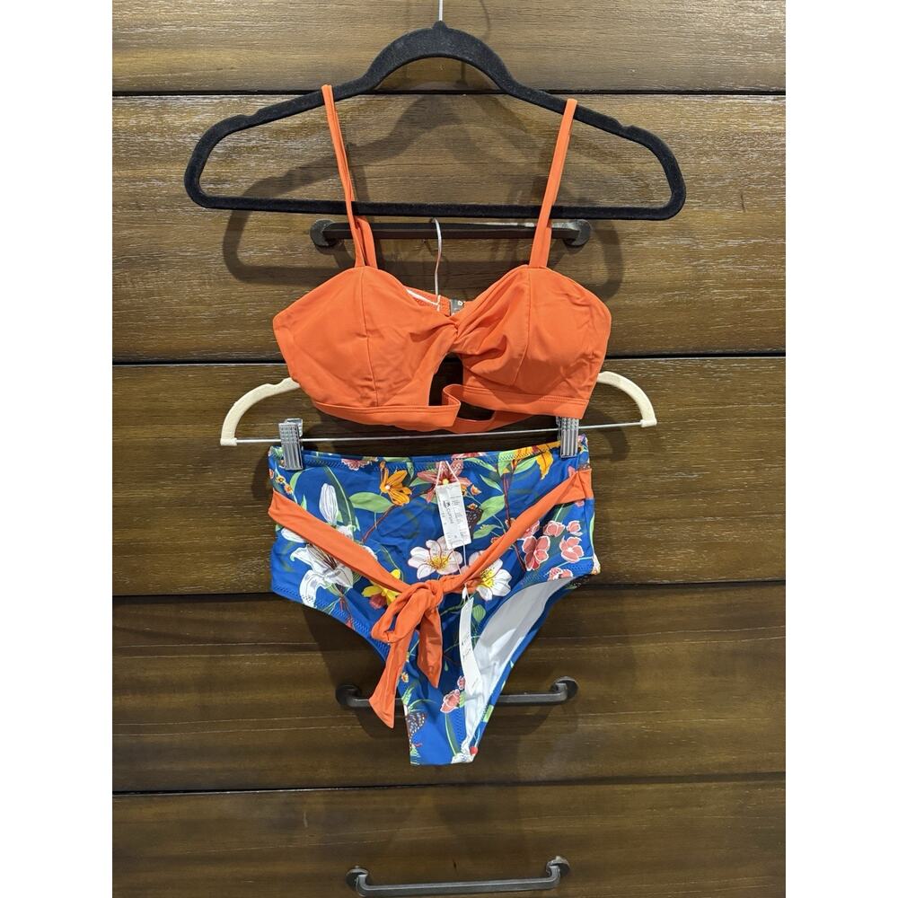 NWT CUPSHE Size Small Two Piece High Waisted Orange Floral Swim Suit Bikini